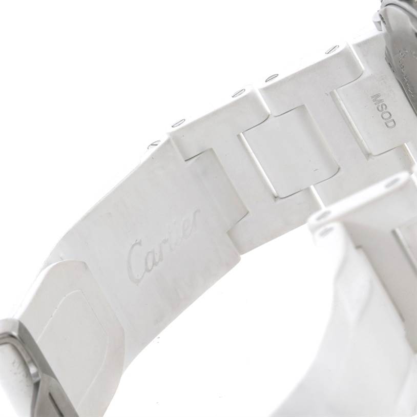 The image shows a close-up of the metal bracelet clasp of a Cartier Pasha W3140004 Stainless Steel Silver Dial W3140004 Stainless Steel Silver Dial watch.