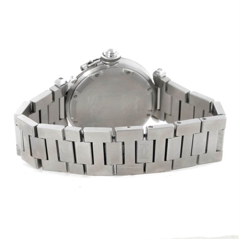 The image shows the back and bracelet of the Cartier Pasha W31075M7 Women
s Stainless Steel Pink Dial W31075M7 Women
s Stainless Steel Pink Dial watch in a straight-on angle.