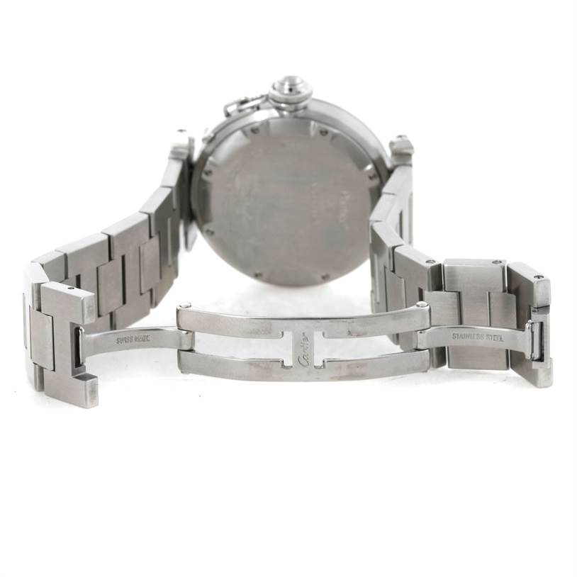 The image shows the back view of a Cartier Pasha W31075M7 Women
s Stainless Steel Pink Dial W31075M7 Women
s Stainless Steel Pink Dial watch, highlighting its open stainless steel bracelet and clasp.