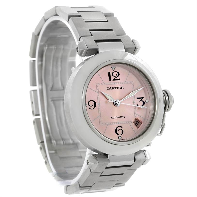The image shows a side angle of a Cartier Pasha W31075M7 Women
s Stainless Steel Pink Dial W31075M7 Women
s Stainless Steel Pink Dial watch, highlighting its face, bezel, bracelet, and crown.