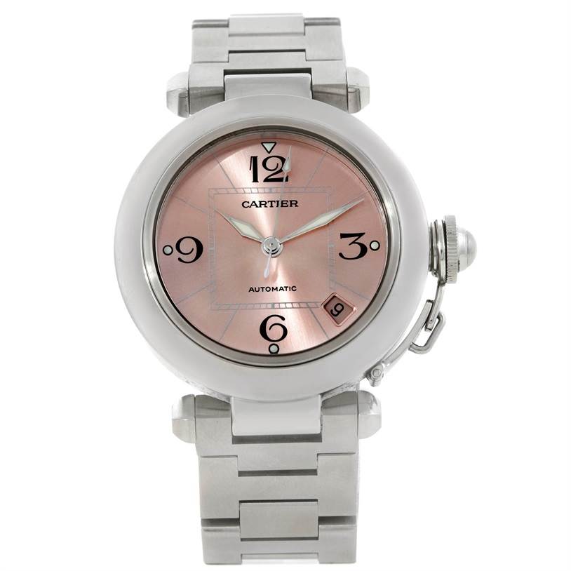 The image shows a front view of a Cartier Pasha W31075M7 Women
s Stainless Steel Pink Dial W31075M7 Women
s Stainless Steel Pink Dial watch displaying its round face, bracelet, and intricate dial design.