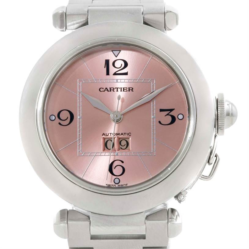 The image shows a front view of a Cartier Pasha 9791 Women
s Stainless Steel Pink Dial 9791 Women
s Stainless Steel Pink Dial model watch, highlighting its face, hands, and bracelet attachment.