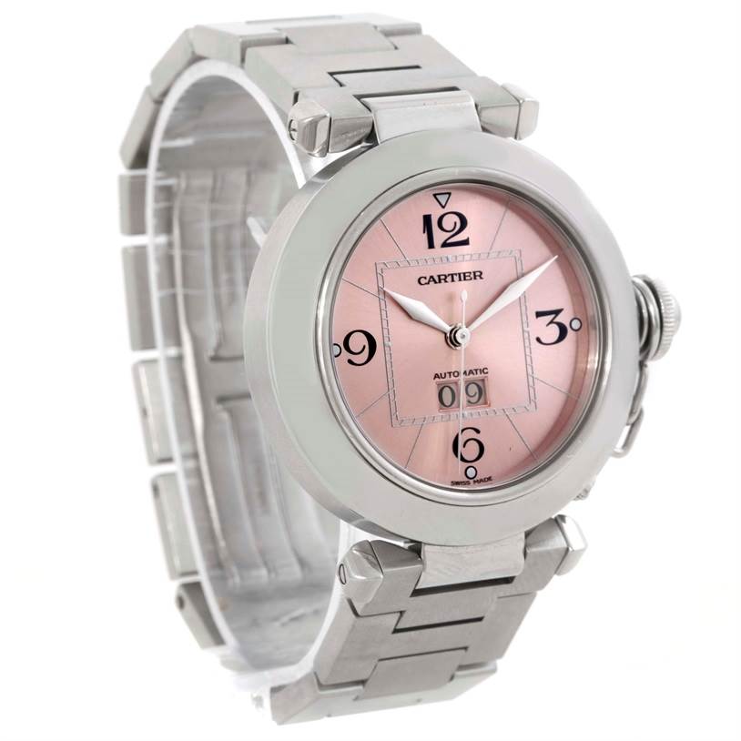 The image shows a Cartier Pasha 9791 Women
s Stainless Steel Pink Dial 9791 Women
s Stainless Steel Pink Dial watch angled to display its face, bezel, crown, and bracelet.