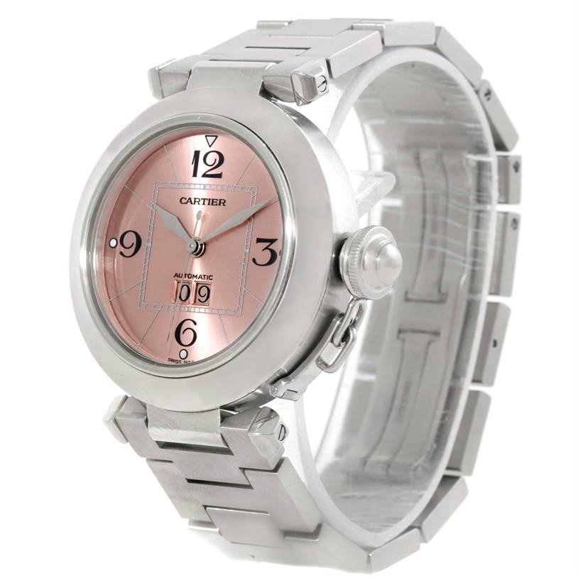 The Cartier Pasha 9791 Women
s Stainless Steel Pink Dial 9791 Women
s Stainless Steel Pink Dial watch is shown at a three-quarter angle, highlighting the dial, crown, and bracelet.