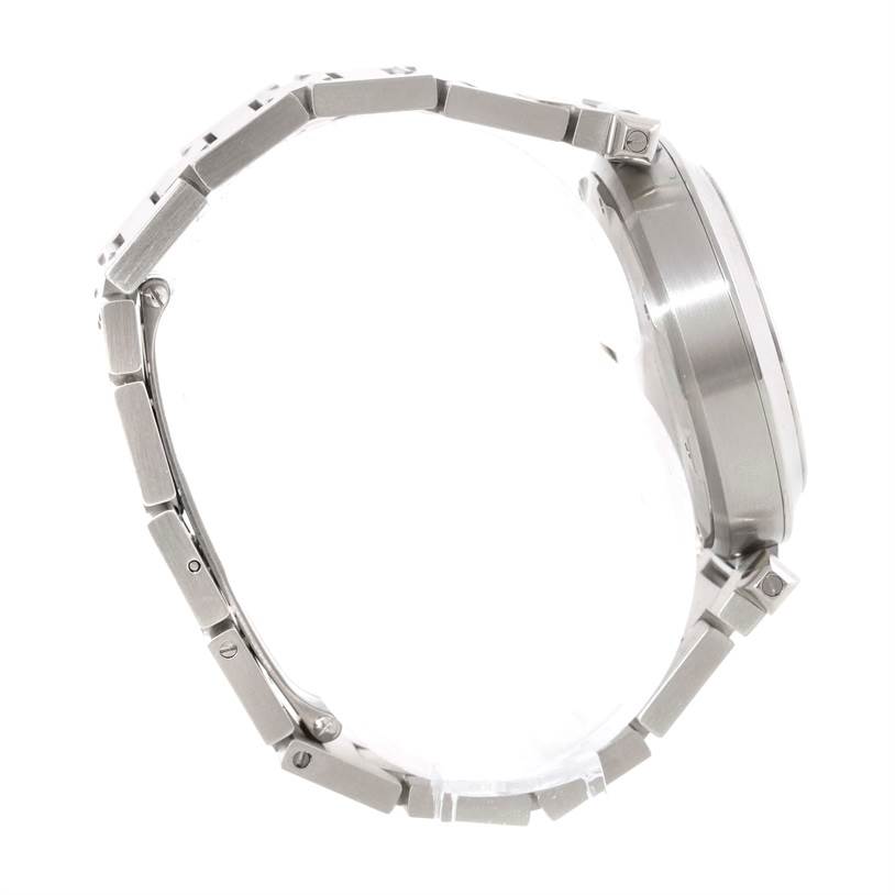 This image shows the Cartier Pasha 9791 Women
s Stainless Steel Pink Dial 9791 Women
s Stainless Steel Pink Dial watch from the side profile, displaying the bracelet and case.