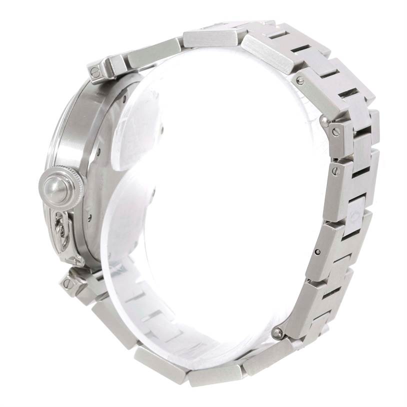 The image shows a side view of the Cartier Pasha 9791 Women
s Stainless Steel Pink Dial 9791 Women
s Stainless Steel Pink Dial watch, highlighting the bracelet and crown.