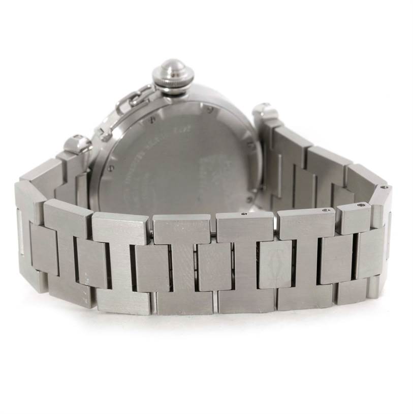 The image shows the backside and bracelet of a Cartier Pasha 9791 Women
s Stainless Steel Pink Dial 9791 Women
s Stainless Steel Pink Dial watch, highlighting its metal links and clasp.