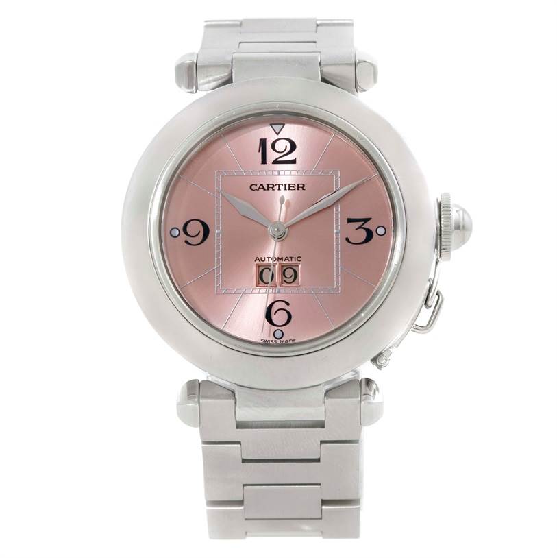 This image shows a Cartier Pasha 9791 Women
s Stainless Steel Pink Dial 9791 Women
s Stainless Steel Pink Dial watch from a front angle, displaying its face, bezel, and part of the bracelet.