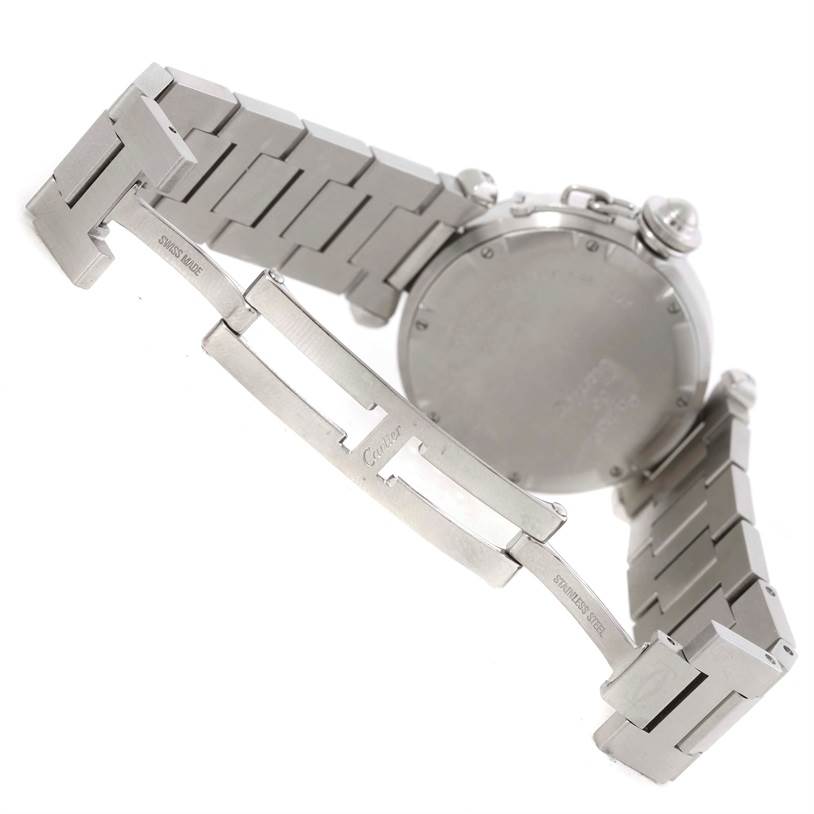 This image shows an angled rear view of a Cartier Pasha 9791 Women
s Stainless Steel Pink Dial 9791 Women
s Stainless Steel Pink Dial watch, highlighting the bracelet and closed clasp mechanism.