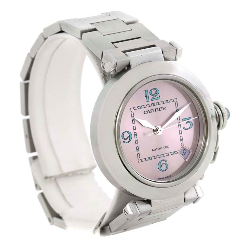 The Cartier Pasha W3108199 Women's Stainless Steel Pink Dial W3108199 Women's Stainless Steel Pink Dial watch is shown at a slight angle, displaying the face, crown, and part of the metallic band.