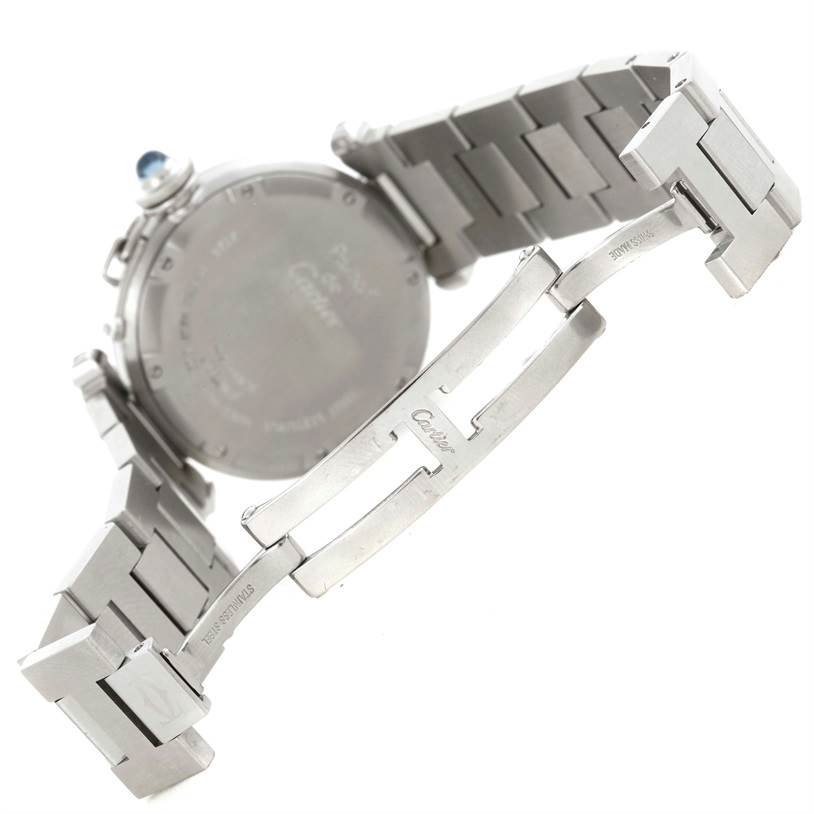 The image shows the opened clasp and part of the bracelet of a Cartier Pasha W3108199 Women's Stainless Steel Pink Dial W3108199 Women's Stainless Steel Pink Dial watch from a slightly rearward angle.