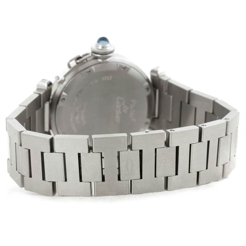 This image shows the reverse side, case back, and stainless steel bracelet of the Cartier Pasha W3108199 Women's Stainless Steel Pink Dial W3108199 Women's Stainless Steel Pink Dial watch.