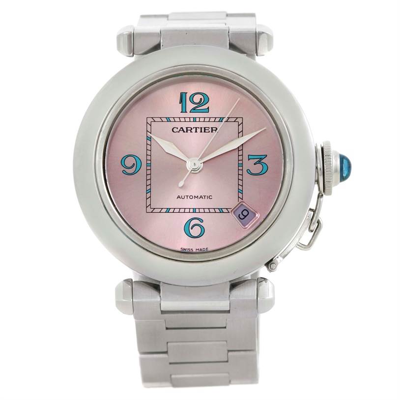 This image shows a front view of a Cartier Pasha W3108199 Women's Stainless Steel Pink Dial W3108199 Women's Stainless Steel Pink Dial model watch, featuring a pink dial, silver case, and metal bracelet.
