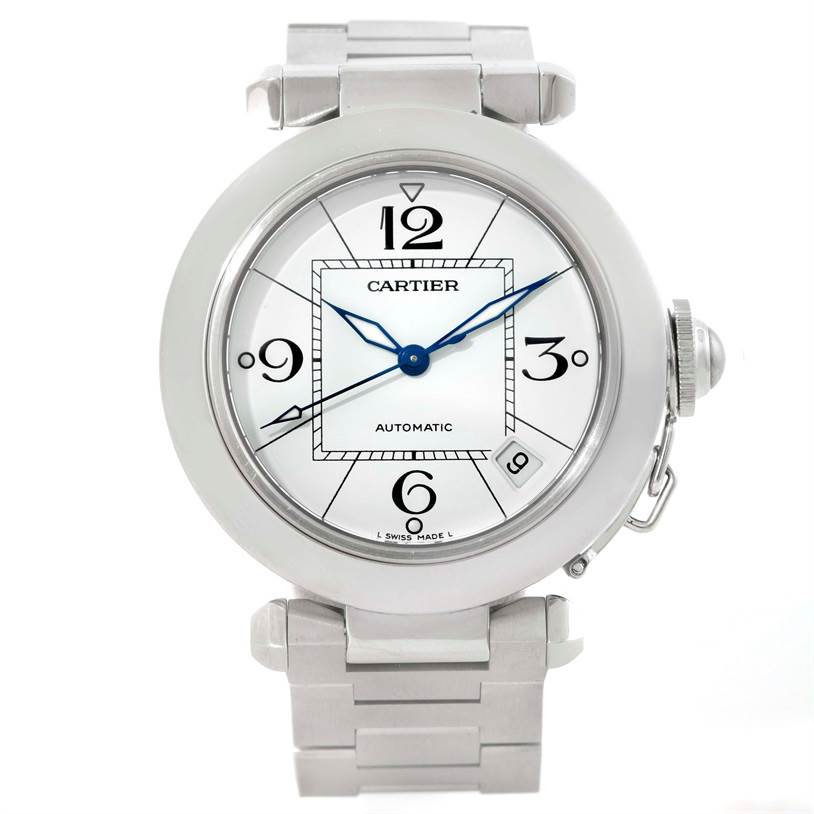 This image shows a front view of a Cartier Pasha W31074M7 Women's Stainless Steel White Dial W31074M7 Women's Stainless Steel White Dial model watch, highlighting its dial and metal bracelet.