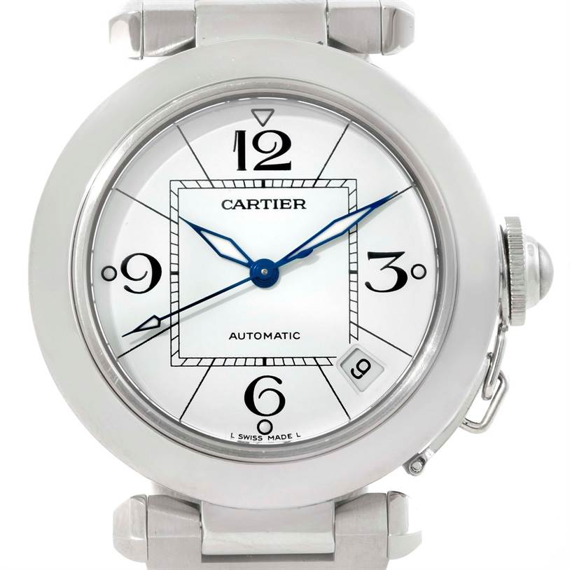 This image shows a frontal view of the Cartier Pasha W31074M7 Women's Stainless Steel White Dial W31074M7 Women's Stainless Steel White Dial watch, focusing on the dial, hands, and part of the bracelet.
