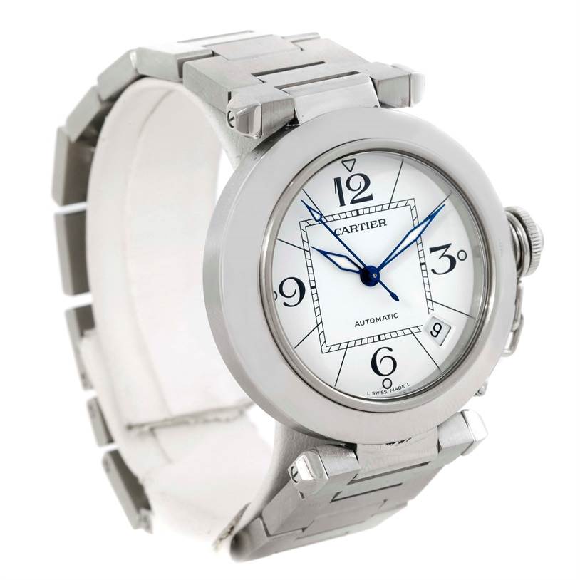 The image shows a Cartier Pasha W31074M7 Women's Stainless Steel White Dial W31074M7 Women's Stainless Steel White Dial model watch at a three-quarter angle, highlighting the dial, case, and bracelet.