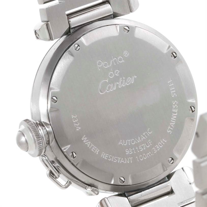 This image shows the back case and part of the strap of a Cartier Pasha W31074M7 Women's Stainless Steel White Dial W31074M7 Women's Stainless Steel White Dial watch.