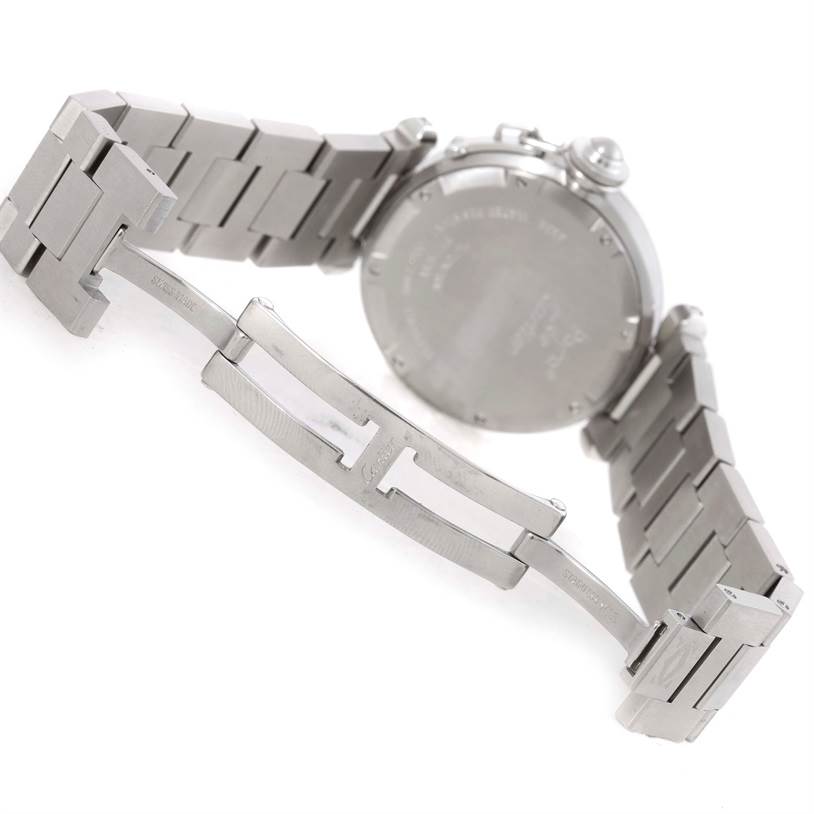 The image shows the back view and bracelet of a Cartier Pasha W31074M7 Women's Stainless Steel White Dial W31074M7 Women's Stainless Steel White Dial watch, highlighting its clasp and stainless steel links.