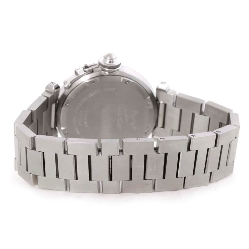 This image shows the back case and bracelet of the Cartier Pasha W31074M7 Women's Stainless Steel White Dial W31074M7 Women's Stainless Steel White Dial watch from a rear angle.