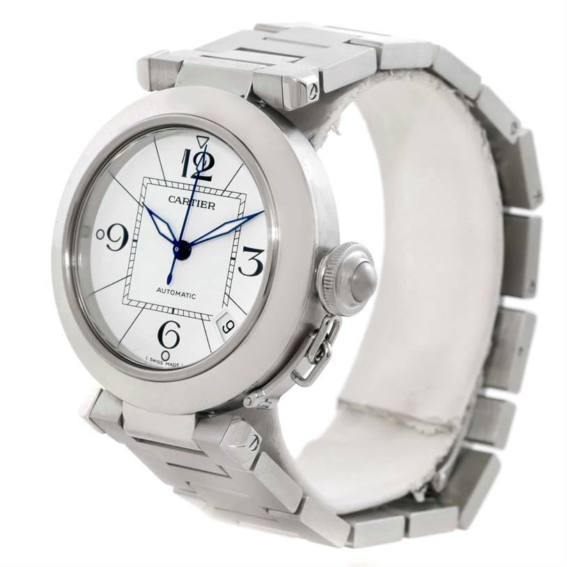 The Cartier Pasha W31074M7 Women's Stainless Steel White Dial W31074M7 Women's Stainless Steel White Dial watch is shown at a three-quarter angle featuring the face, bracelet, bezel, and crown.