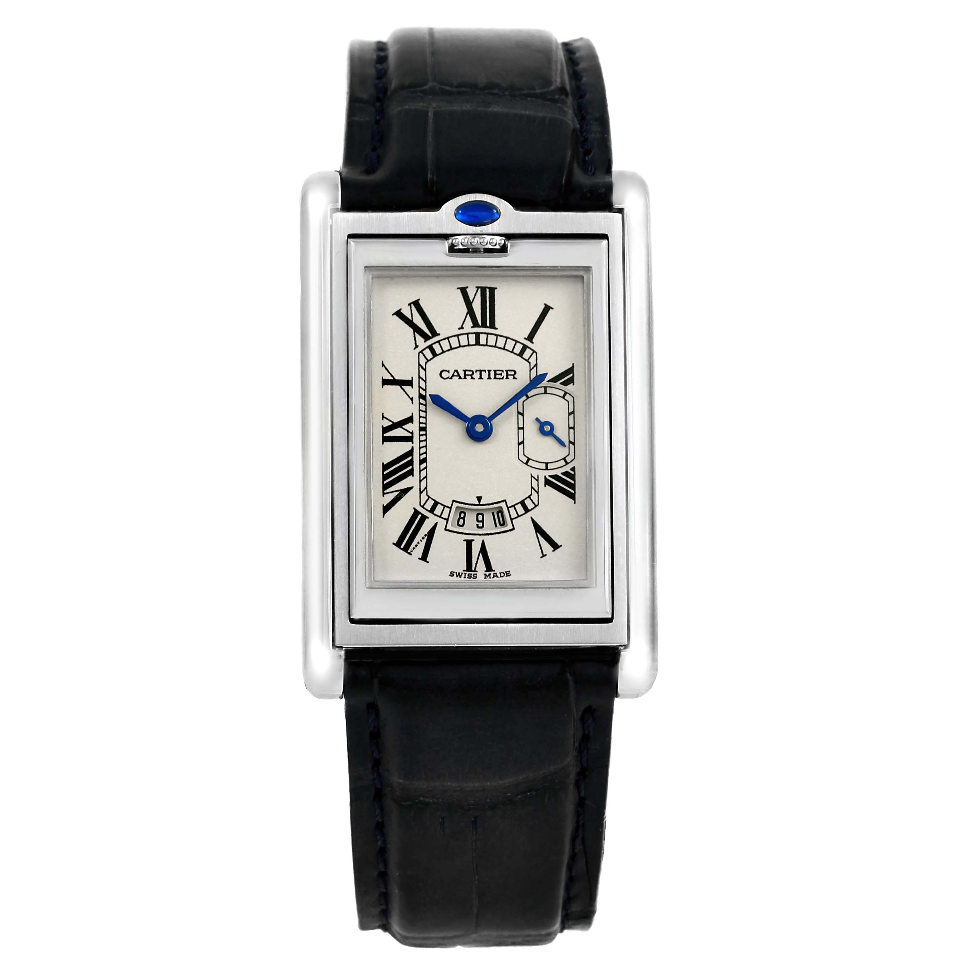 This image shows a frontal view of a Cartier Tank Basculante 2522 Men's Stainless Steel Silver Dial 2522 Men's Stainless Steel Silver Dial watch, displaying its face, rectangular case, and black leather strap.
