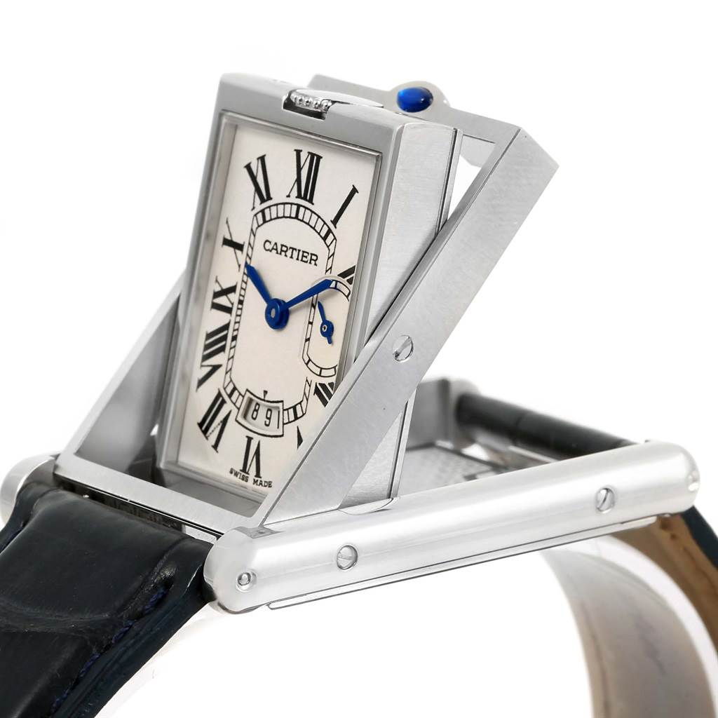 The image shows a side view of the Cartier Tank Basculante 2522 Men's Stainless Steel Silver Dial 2522 Men's Stainless Steel Silver Dial watch with its unique reversible case mechanism.