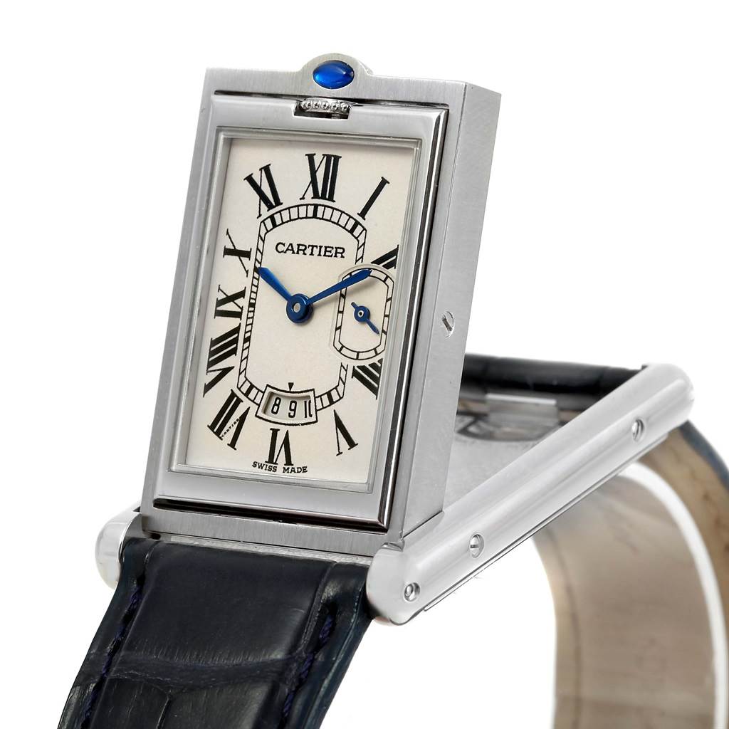 The Cartier Tank Basculante 2522 Men's Stainless Steel Silver Dial 2522 Men's Stainless Steel Silver Dial watch is shown at an angle with the dial face visible and the casing tilted upwards.