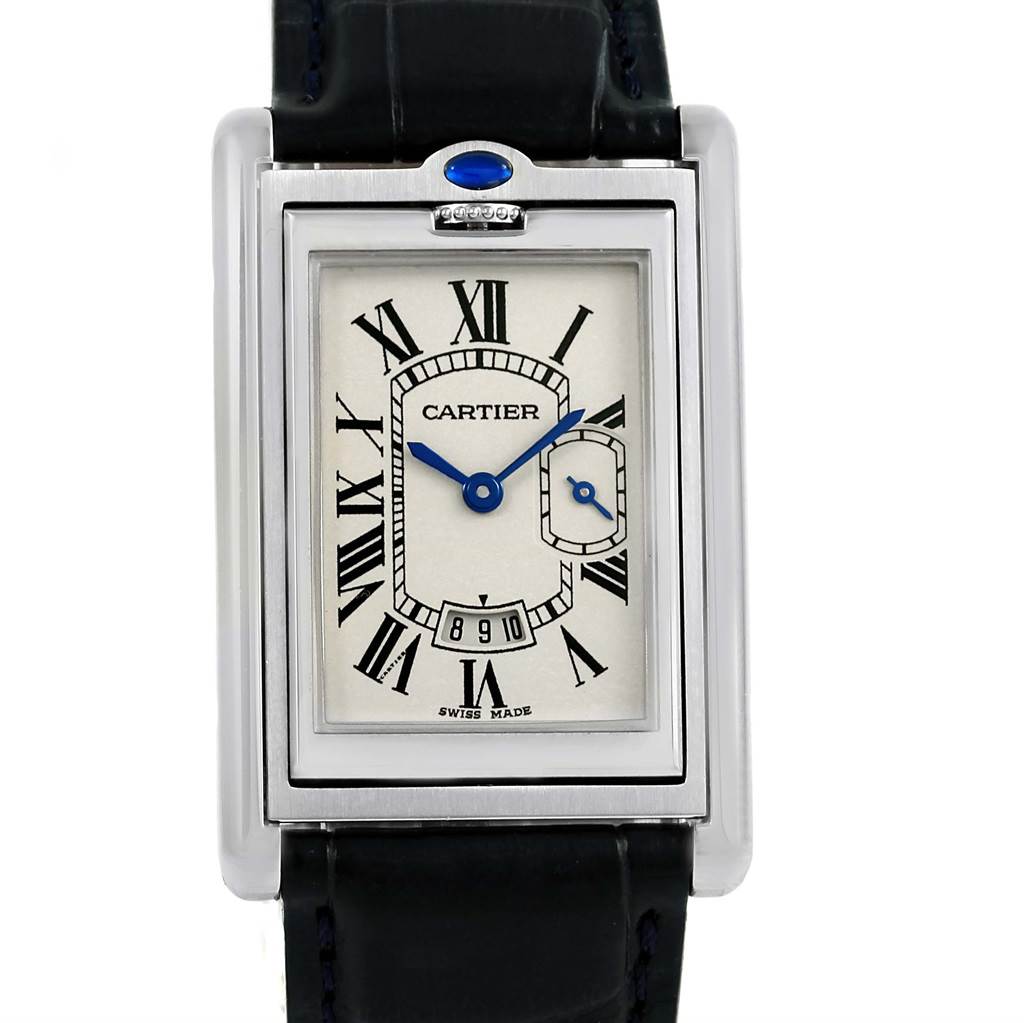 This image shows a front view of the Cartier Tank Basculante 2522 Men's Stainless Steel Silver Dial 2522 Men's Stainless Steel Silver Dial model with its rectangular face, Roman numerals, and leather strap.