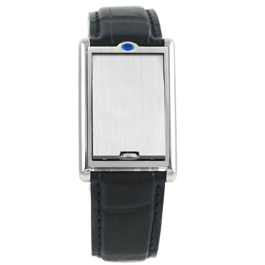 The image shows a front view of a Cartier Tank Basculante 2522 Men's Stainless Steel Silver Dial 2522 Men's Stainless Steel Silver Dial watch with a closed flip cover and a leather strap.