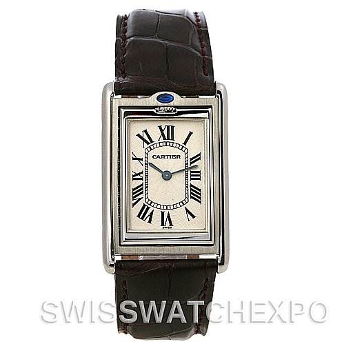 The image shows a Cartier Tank Basculante W1011358 Stainless Steel Silver Dial W1011358 Stainless Steel Silver Dial watch from a front angle, highlighting its face and leather strap.