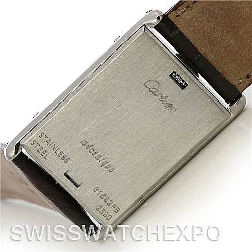 The image shows the back of a Cartier Tank Basculante W1011358 Stainless Steel Silver Dial W1011358 Stainless Steel Silver Dial watch, highlighting its stainless steel case and leather strap.