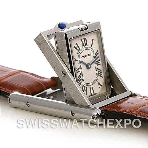 The image shows the Cartier Tank Basculante Stainless Steel Silver Dial Stainless Steel Silver Dial watch at an angle highlighting its reversible case and brown leather strap.
