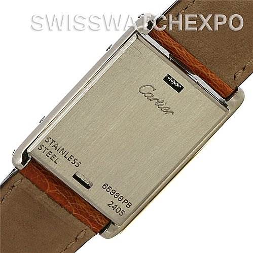 The image shows the back case of a Cartier Tank Basculante Stainless Steel Silver Dial Stainless Steel Silver Dial watch, showcasing the stainless steel case and strap attachment.
