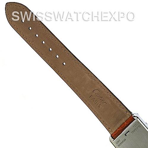 This image shows the leather strap with branding for a Cartier Tank Basculante Stainless Steel Silver Dial Stainless Steel Silver Dial watch, viewed from an overhead angle.