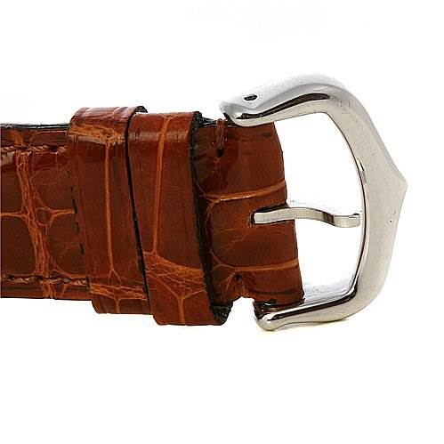 This is a close-up view of the leather strap and buckle of a Cartier Tank Basculante Stainless Steel Silver Dial Stainless Steel Silver Dial watch.