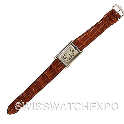 This image shows a Cartier Tank Basculante Stainless Steel Silver Dial Stainless Steel Silver Dial watch with a brown leather strap, viewed from above.