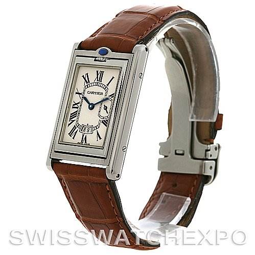 The image shows a side-angle view of the Cartier Tank Basculante Stainless Steel Silver Dial Stainless Steel Silver Dial watch, highlighting the rectangular face and leather strap.