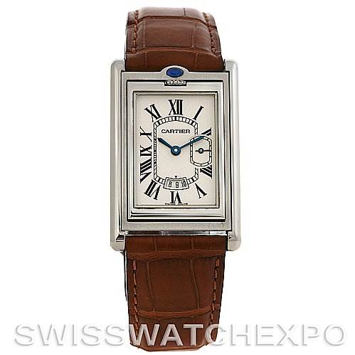 This image shows a front view of the Cartier Tank Basculante Stainless Steel Silver Dial Stainless Steel Silver Dial watch, featuring a brown leather strap and its rectangular dial with Roman numerals.