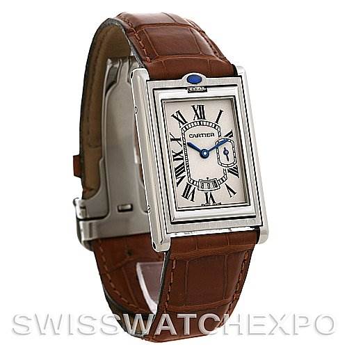 The image shows a Cartier Tank Basculante Stainless Steel Silver Dial Stainless Steel Silver Dial watch from a front angle, highlighting its rectangular face, brown leather strap, and silver case.