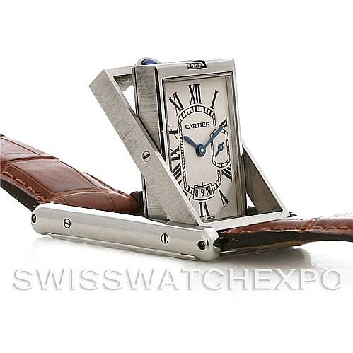 The Cartier Tank Basculante Stainless Steel Silver Dial Stainless Steel Silver Dial watch is shown at a side angle, highlighting its swiveling case and brown leather strap.