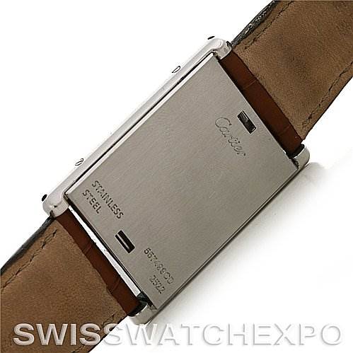 This image shows the back of the Cartier Tank Basculante Stainless Steel Silver Dial Stainless Steel Silver Dial watch case and part of the leather strap.