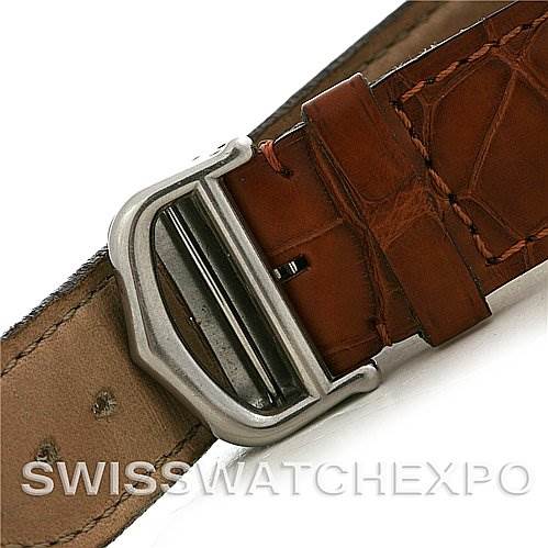 This image shows a close-up of the leather strap and deployment clasp of the Cartier Tank Basculante Stainless Steel Silver Dial Stainless Steel Silver Dial watch.