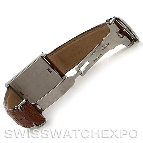 The image shows the underside of a Cartier Tank Basculante Stainless Steel Silver Dial Stainless Steel Silver Dial watch, highlighting the clasp mechanism and leather strap.
