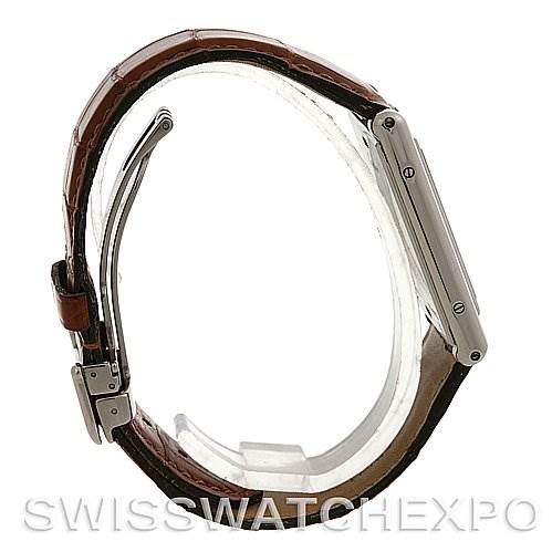 The image shows a side view of the Cartier Tank Basculante Stainless Steel Silver Dial Stainless Steel Silver Dial watch, focusing on the strap and the side profile of the case.