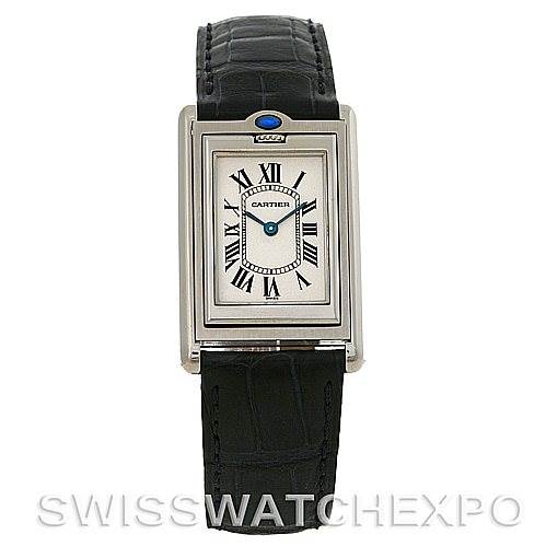 The image shows a front view of the Cartier Tank Basculante Stainless Steel Silver Dial Stainless Steel Silver Dial watch, displaying its face, case, and black leather strap.