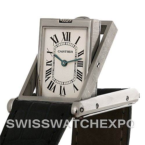 This is a Cartier Tank Basculante Stainless Steel Silver Dial Stainless Steel Silver Dial watch shown at an angle highlighting its unique reversible case and leather strap.
