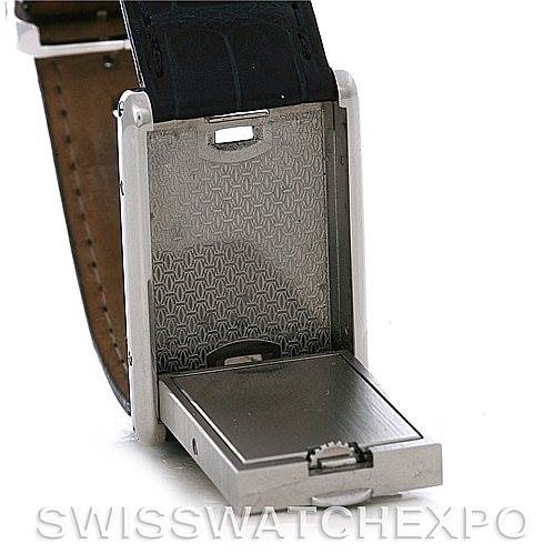 This image shows the flipped case of the Cartier Tank Basculante Stainless Steel Silver Dial Stainless Steel Silver Dial watch, revealing the inner mechanism and details.