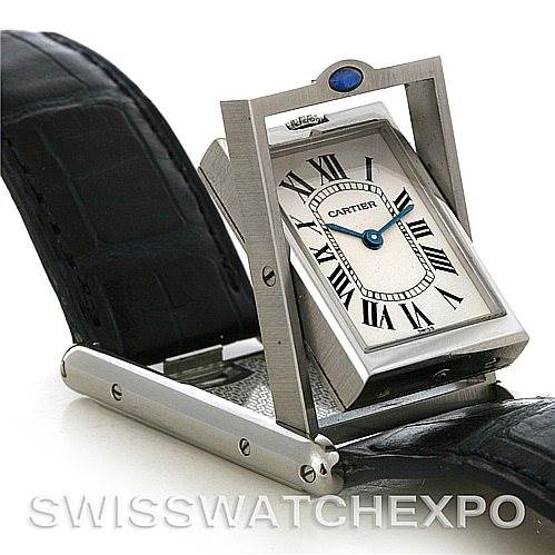The image shows a Cartier Tank Basculante Stainless Steel Silver Dial Stainless Steel Silver Dial watch, highlighting its unique swiveling case mechanism and black leather strap.