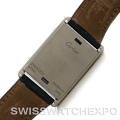 This image shows the back case of a Cartier Tank Basculante Stainless Steel Silver Dial Stainless Steel Silver Dial watch with a stainless steel strap.
