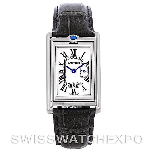 The image shows a front view of the Cartier Tank Basculante Men's Stainless Steel Silver Dial Men's Stainless Steel Silver Dial watch, displaying its dial, hands, Roman numerals, and leather strap.